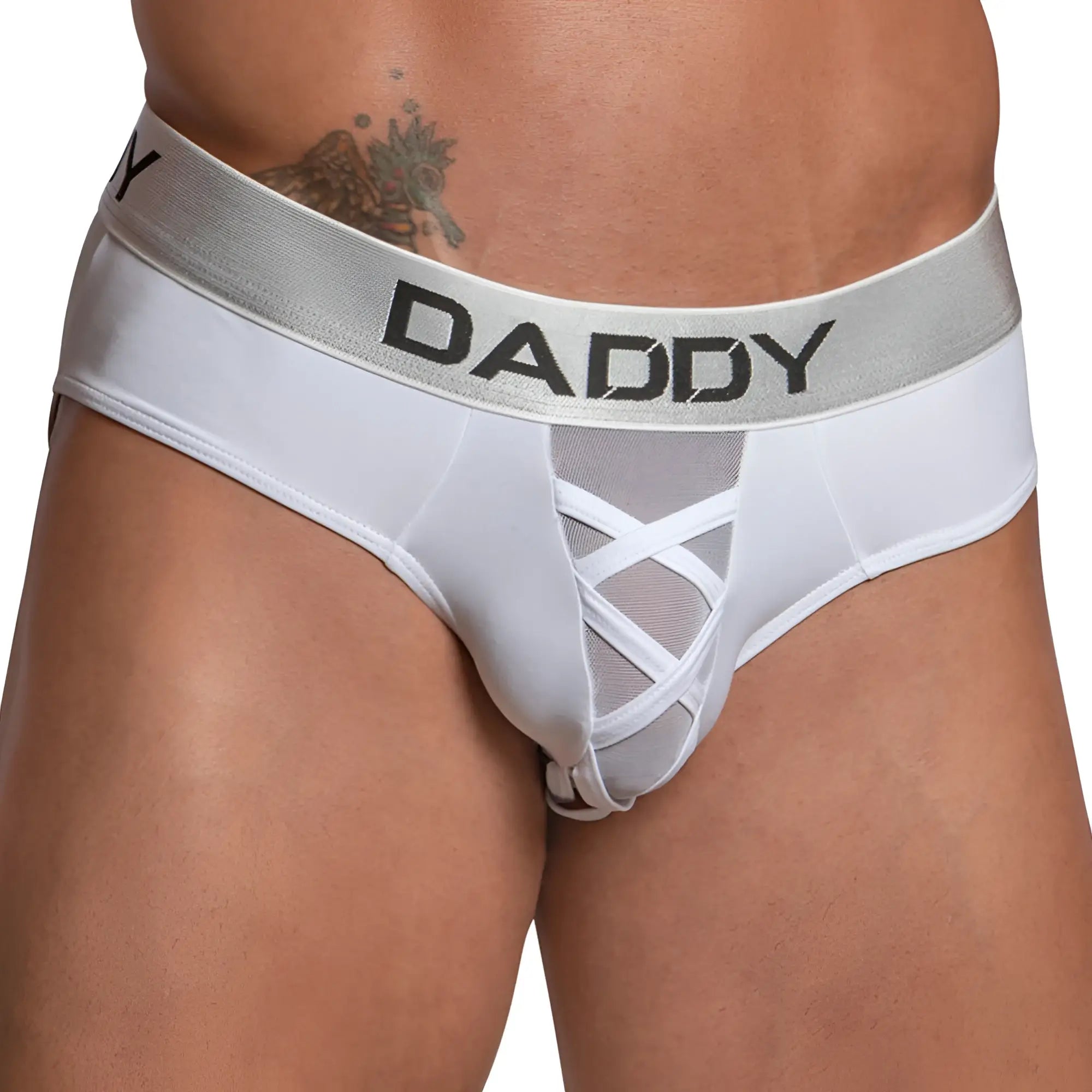 White men’s daddy ddj025 brief underwear with silver waistband black lettering and mesh crisscross design