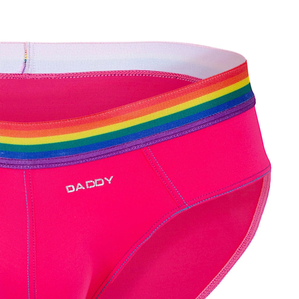 Bright pink daddy ddj027 brief with rainbow-striped waistband and white embroidered brand name for men