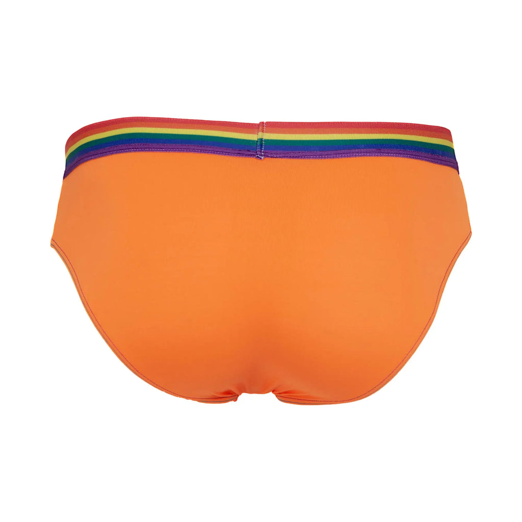 Vibrant orange Daddy DDJ027 brief swim trunks with a colorful rainbow stripe waistband for casual beachwear