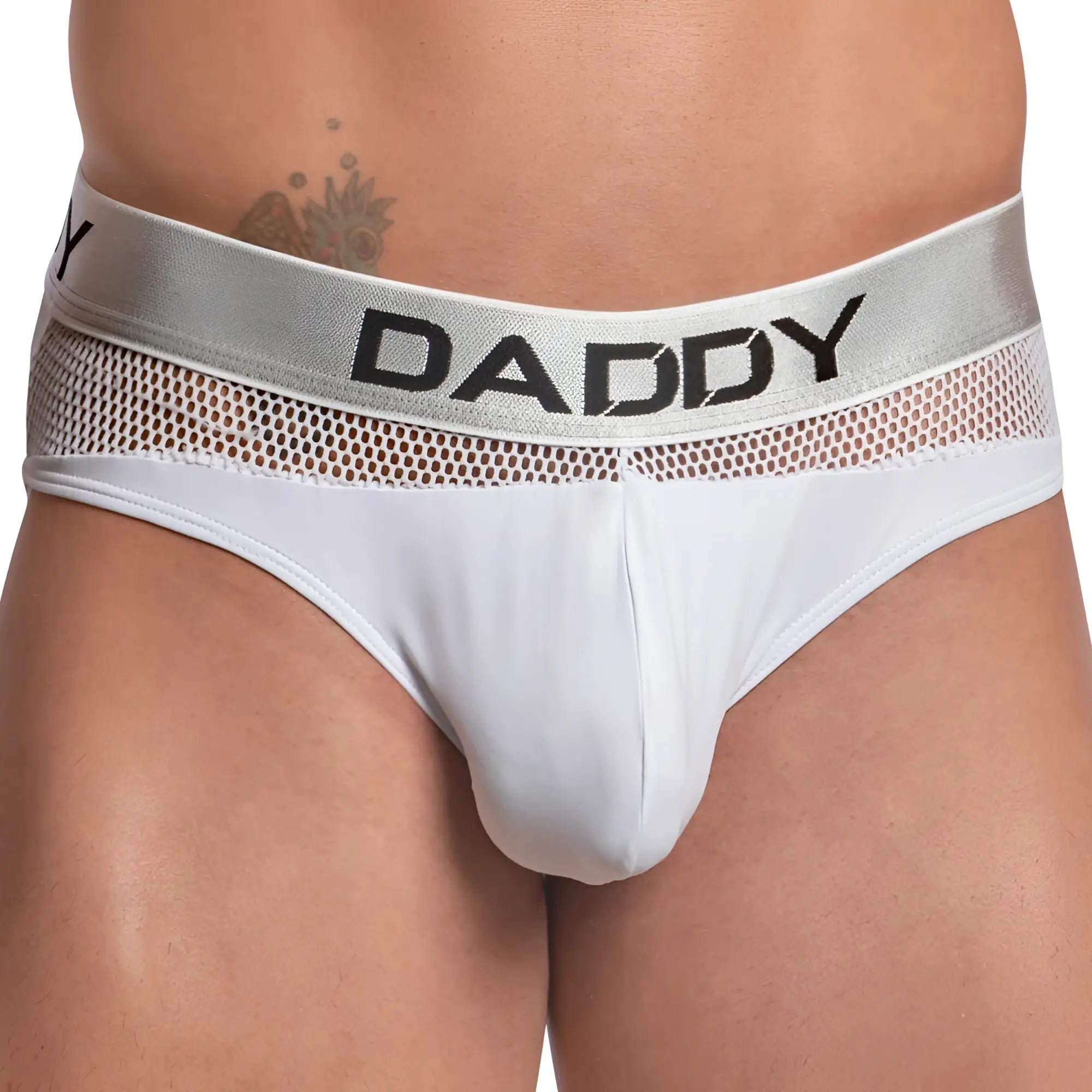 White daddy brand bikini briefs with silver mesh waistband and bold black lettering daddy ddj028 model