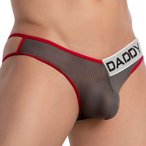 Gray mesh daddy ddj029 briefs with red trim and a white waistband featuring black lettering visible from the front