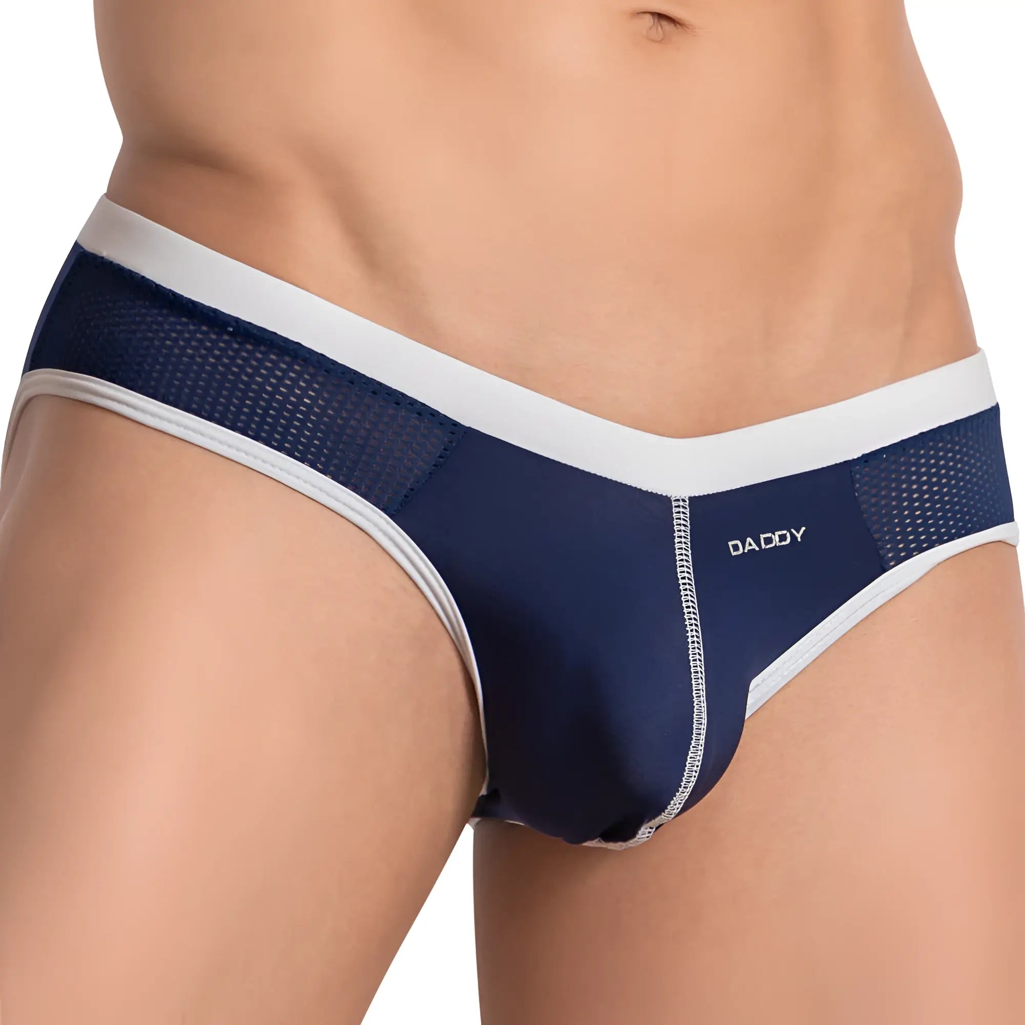 Navy blue and white daddy DDJ030 briefs with mesh panels and a sleek form-fitting design front view