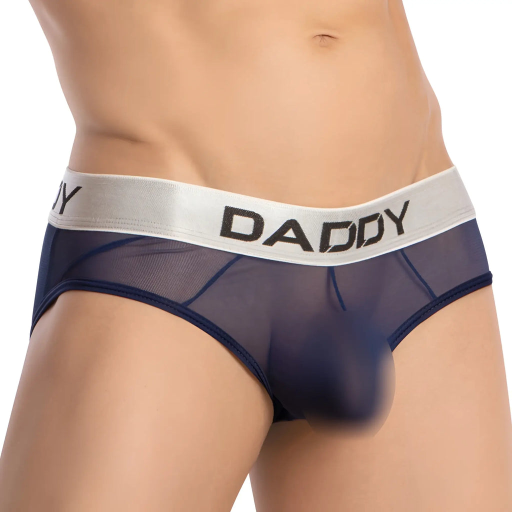 Navy blue sheer mesh Daddy DDJ032 brief with a white elastic waistband featuring black daddy lettering