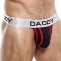 Black and red daddy ddk026 thong with silver waistband featuring bold black daddy lettering for athletic use