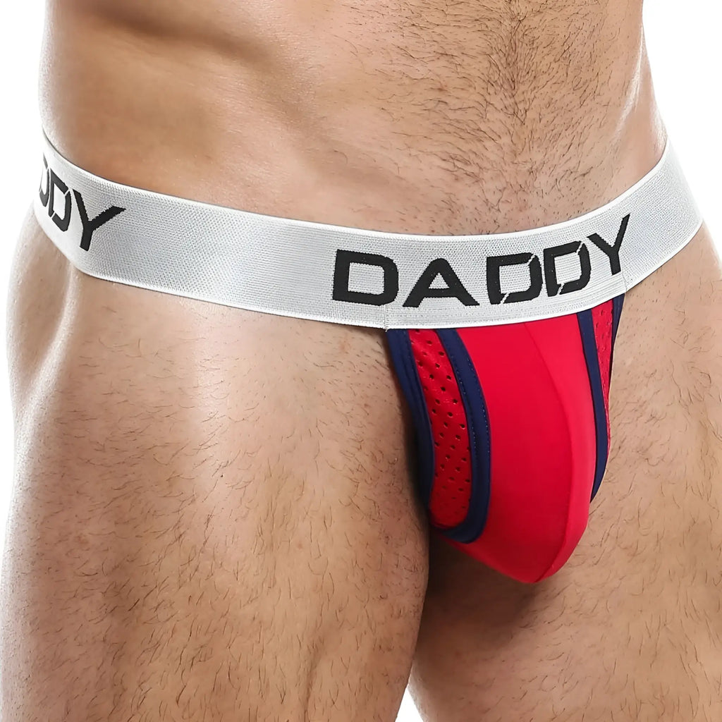 Red and navy blue Daddy DDK026 thong briefs with a silver waistband featuring daddy in black lettering