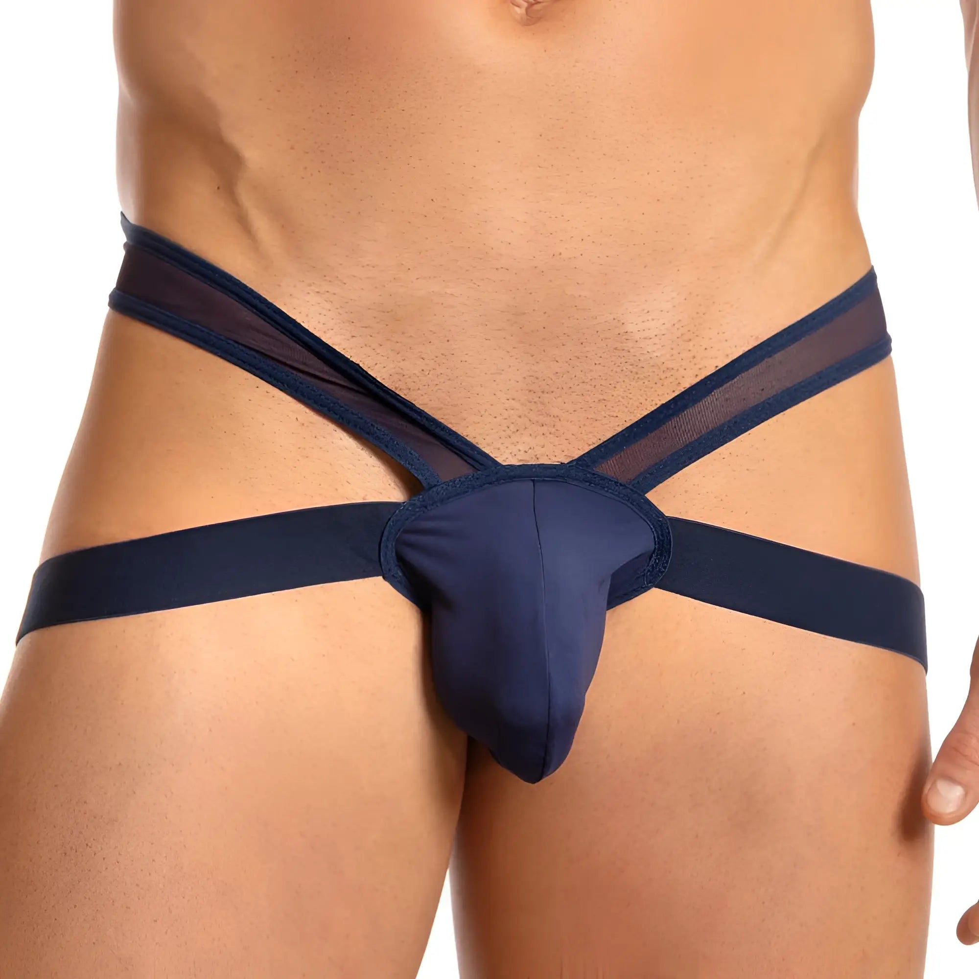 Navy blue mesh and solid fabric men’s briefs with central pouch design daddy ddk030 thong front view