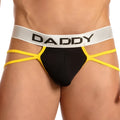 Black and yellow daddy brand briefs with silver waistband featuring bold black lettering daddy ddk031 thong back view