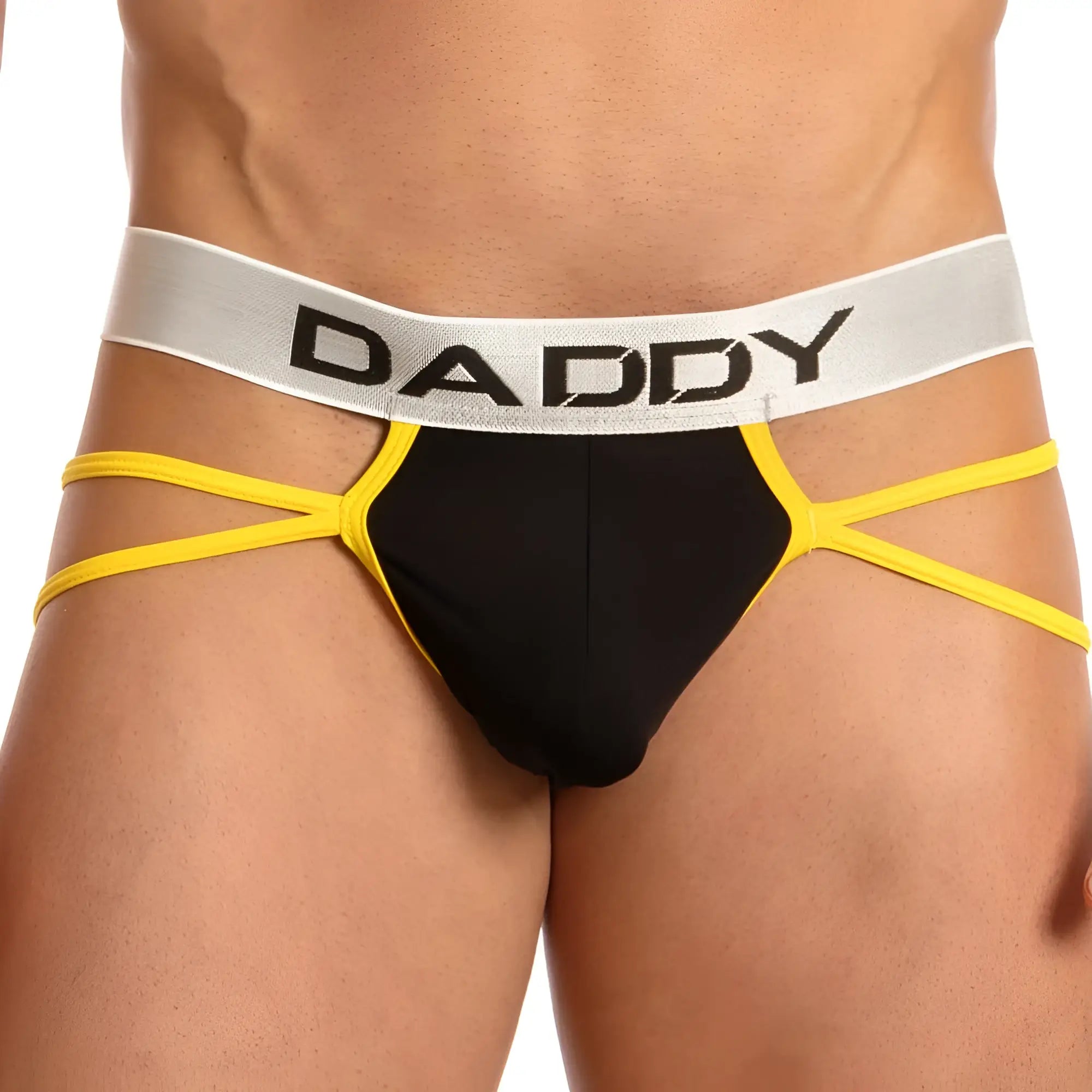 Black and yellow daddy brand briefs with silver waistband featuring bold black lettering daddy ddk031 thong back view