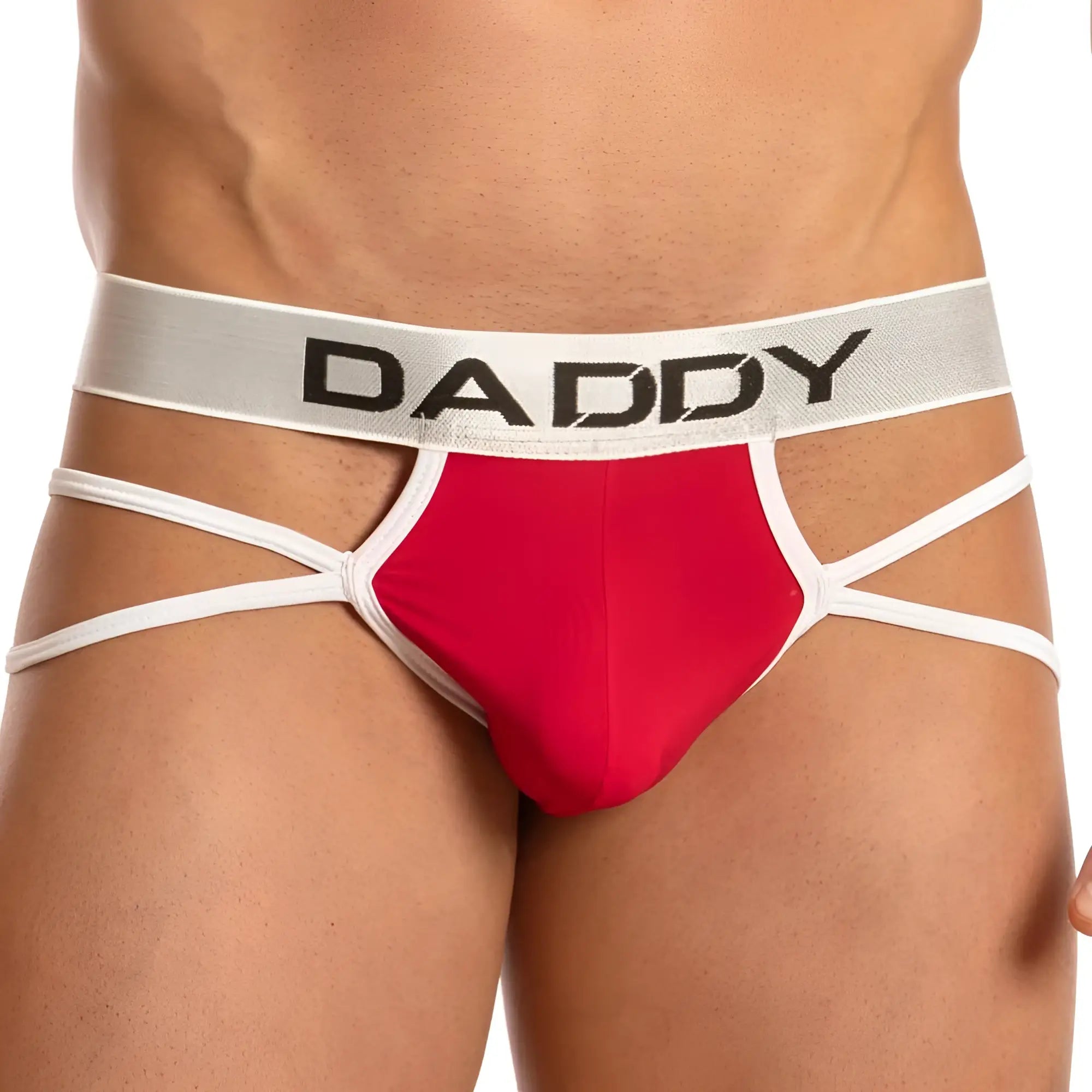 Red and white daddy ddk031 thong briefs with silver waistband featuring bold black lettering front view