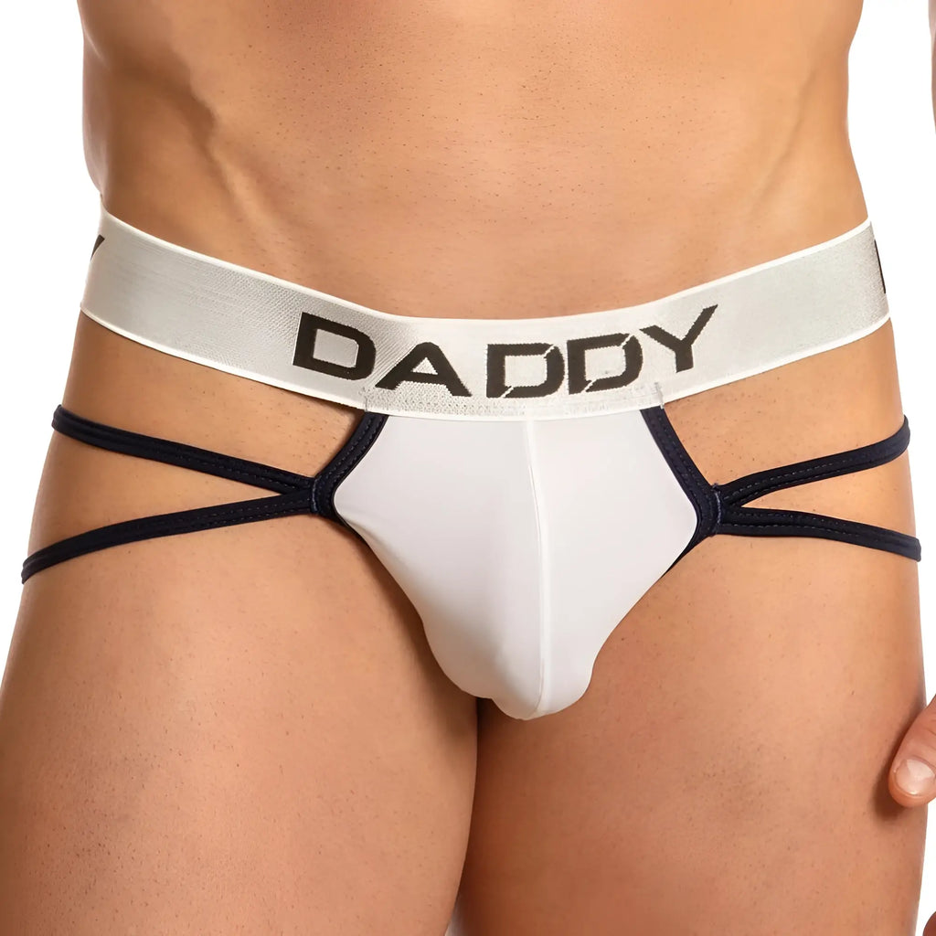 White daddy brand briefs with black trim and silver waistband featuring daddy logo in thong style front view