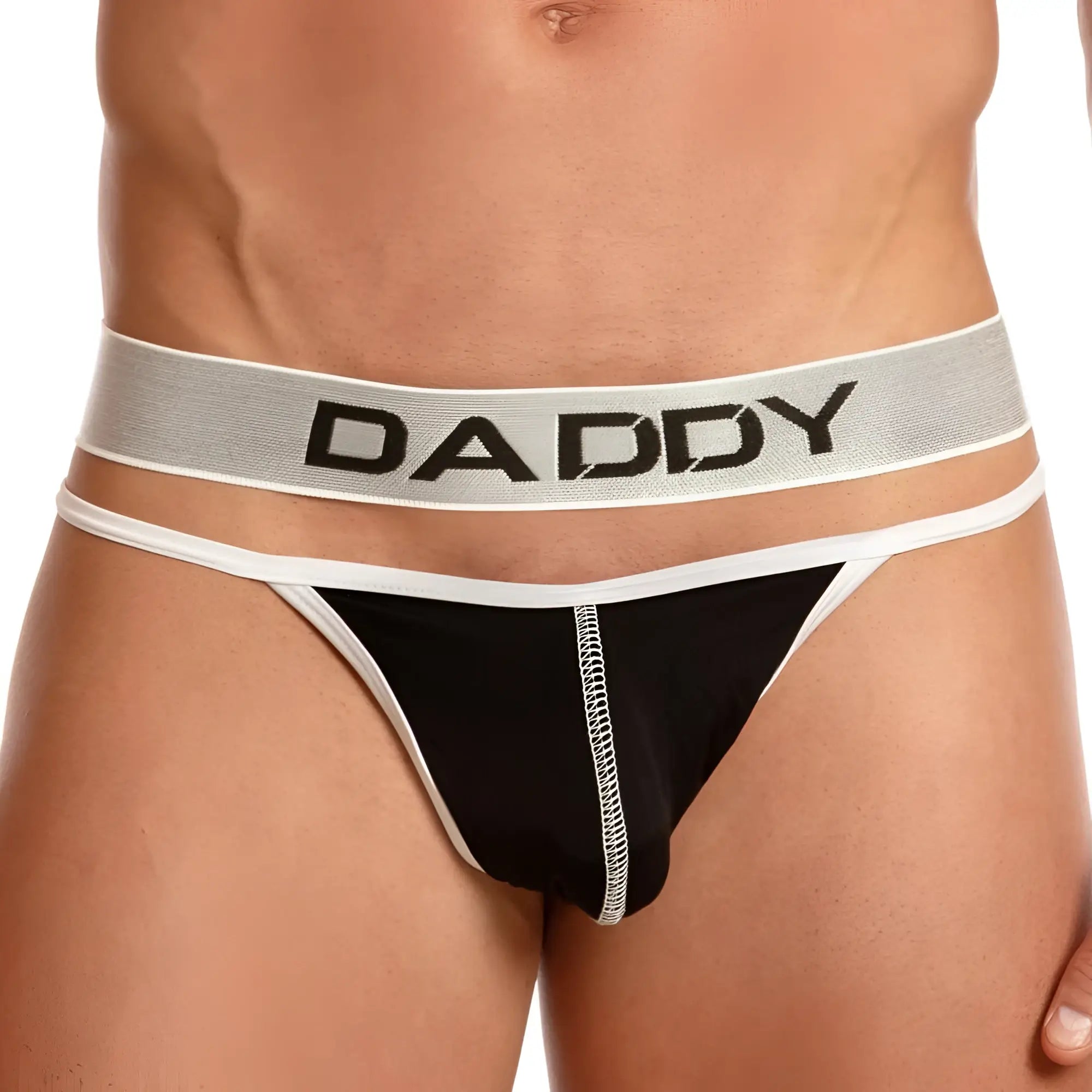 Black daddy brand thong ddk032 with gray elastic waistband, bold black lettering, and white trim along edges
