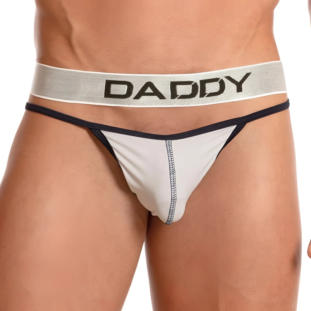 White and black daddy ddk032 thong with textured waistband showing front side design