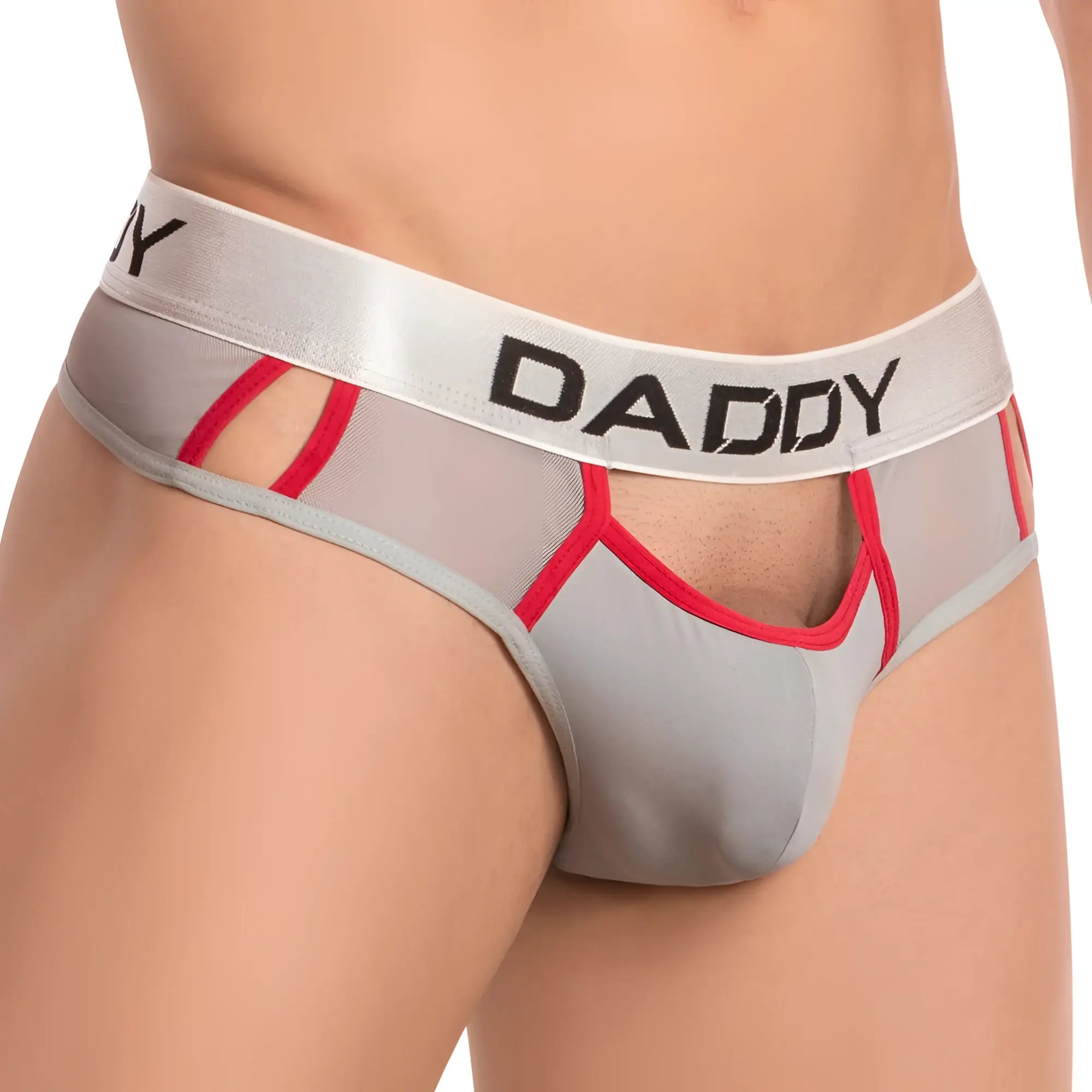 Gray mesh men’s thong underwear with red trim and white waistband featuring daddy lettering ddk034 model