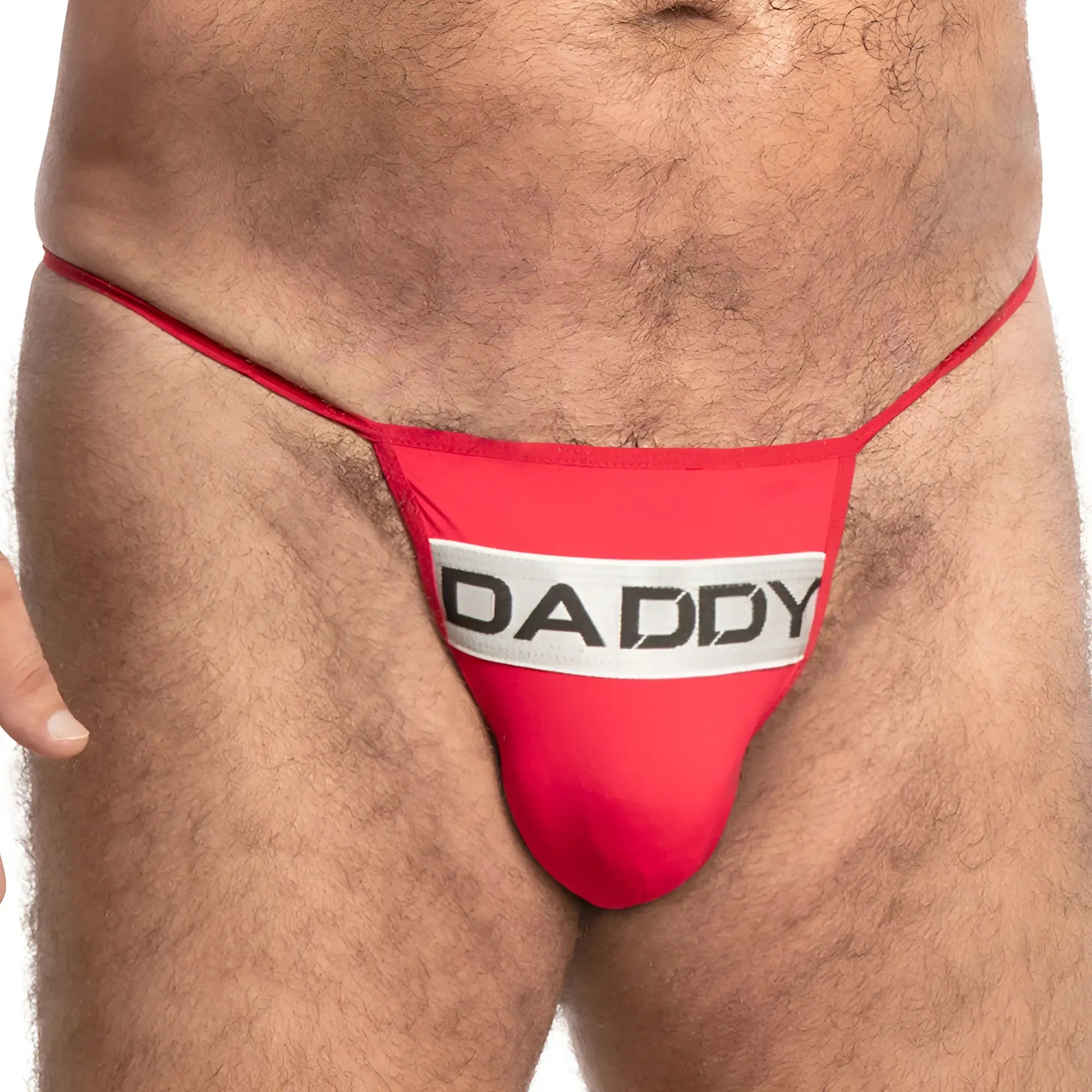 Red daddy ddk035 thong with a white elastic waistband and black lettering front view underwear design