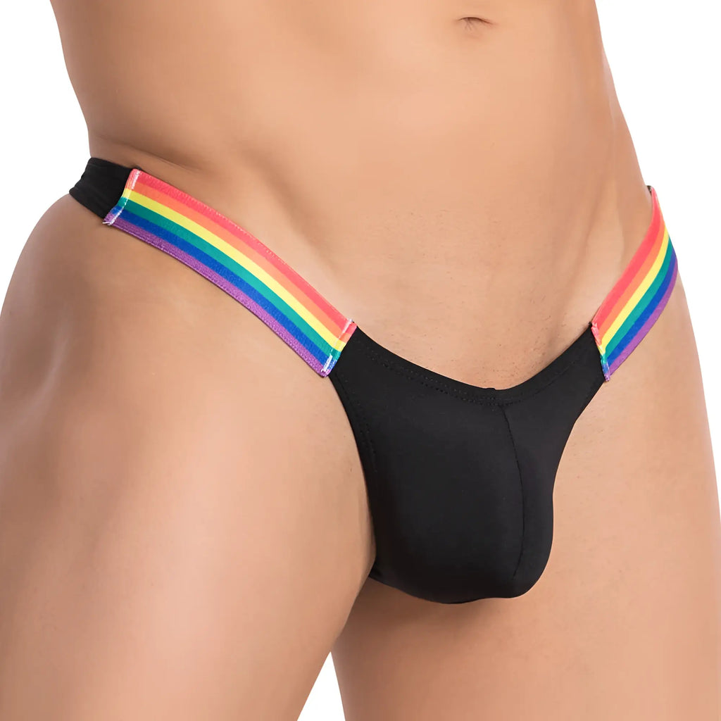 Black thong with rainbow-striped elastic waistband by Daddy DDK037 shown from the back side