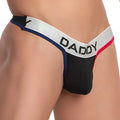 Black daddy brand thong ddk038 with silver waistband bold black lettering navy blue and red trim visible from front