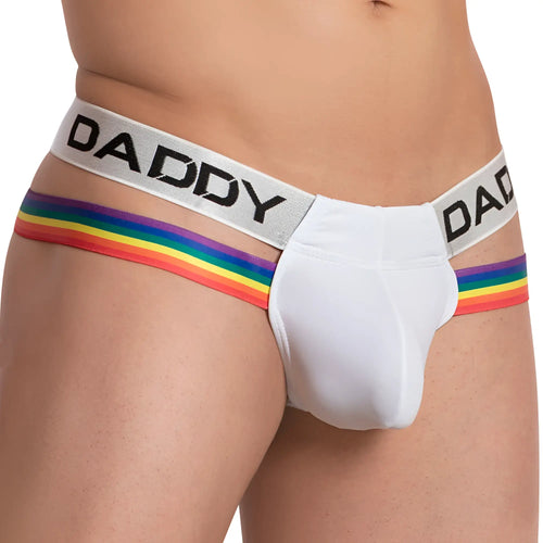 White daddy brand daddy ddk039 thong briefs with rainbow trim and silver waistband shown from the back side