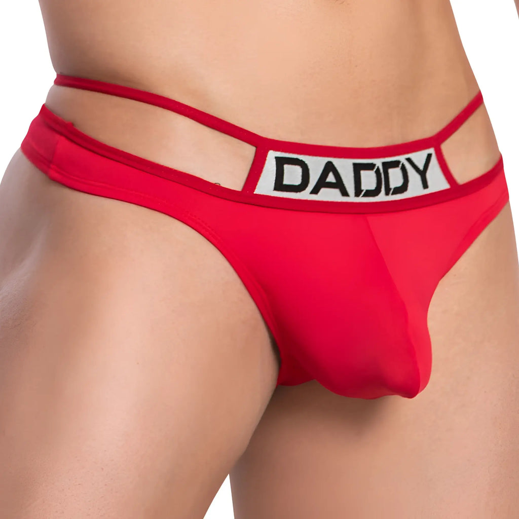 Red daddy ddk040 thong with white waistband and black lettering showing front side design