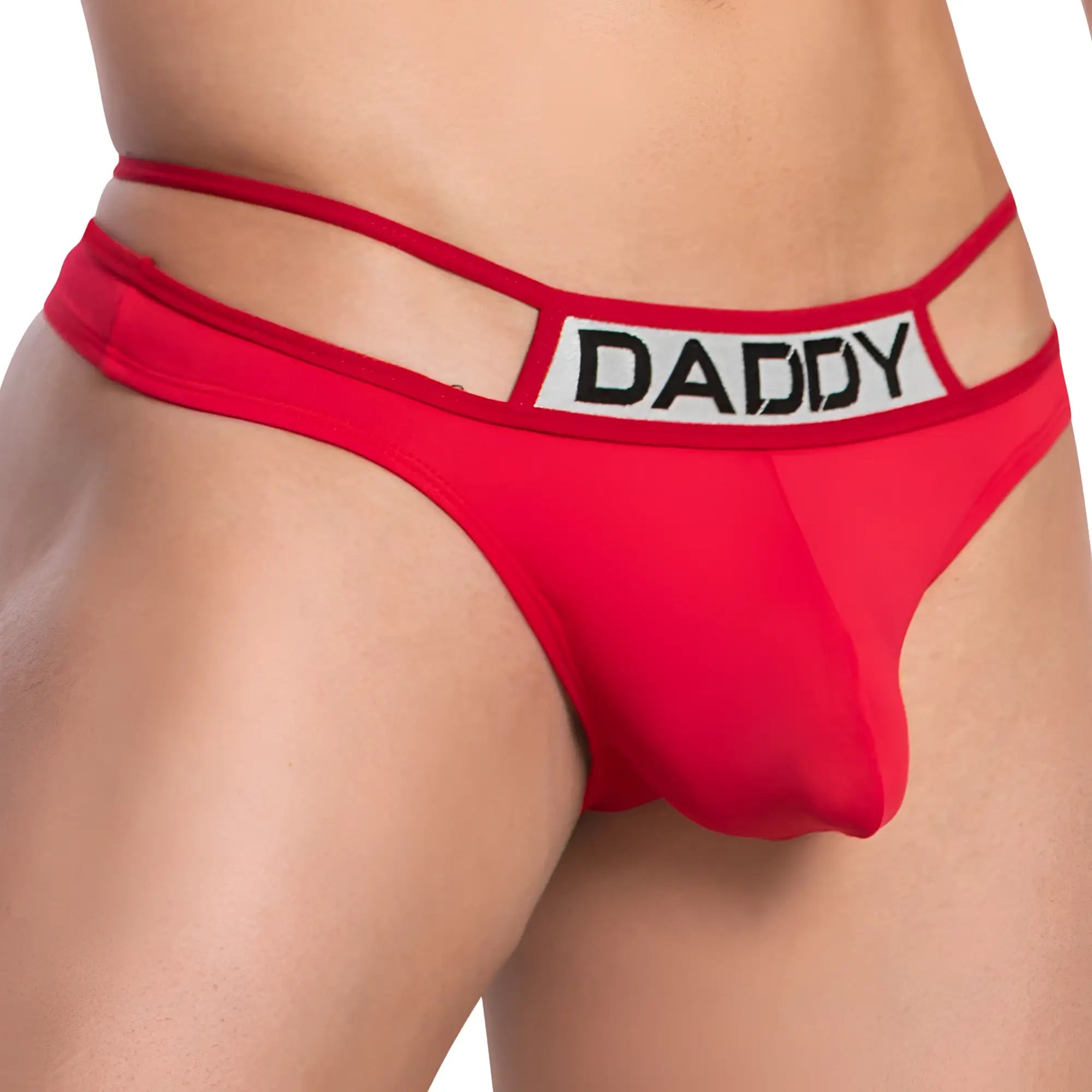 Red daddy ddk040 thong with white waistband and black lettering showing front side design