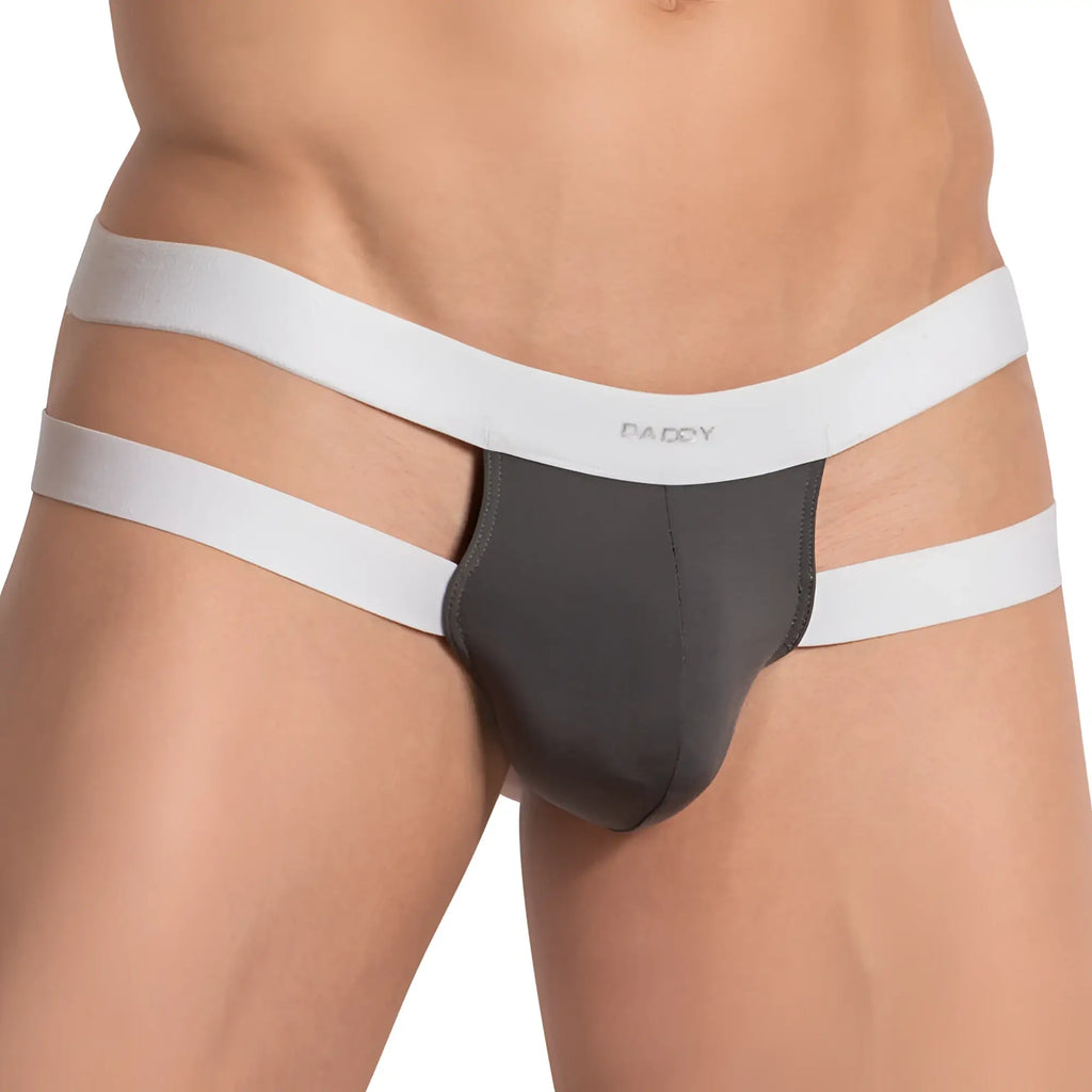 Gray and white daddy ddk042 thong briefs featuring a sleek modern design with three wide elastic bands shown from the back