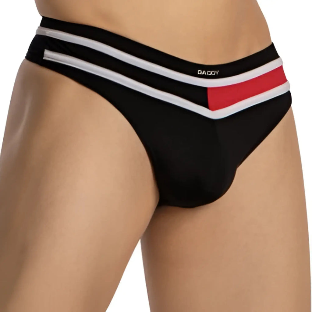 Black daddy DDK044 thong with bold white and red striped waistband featuring daddy brand label on front side