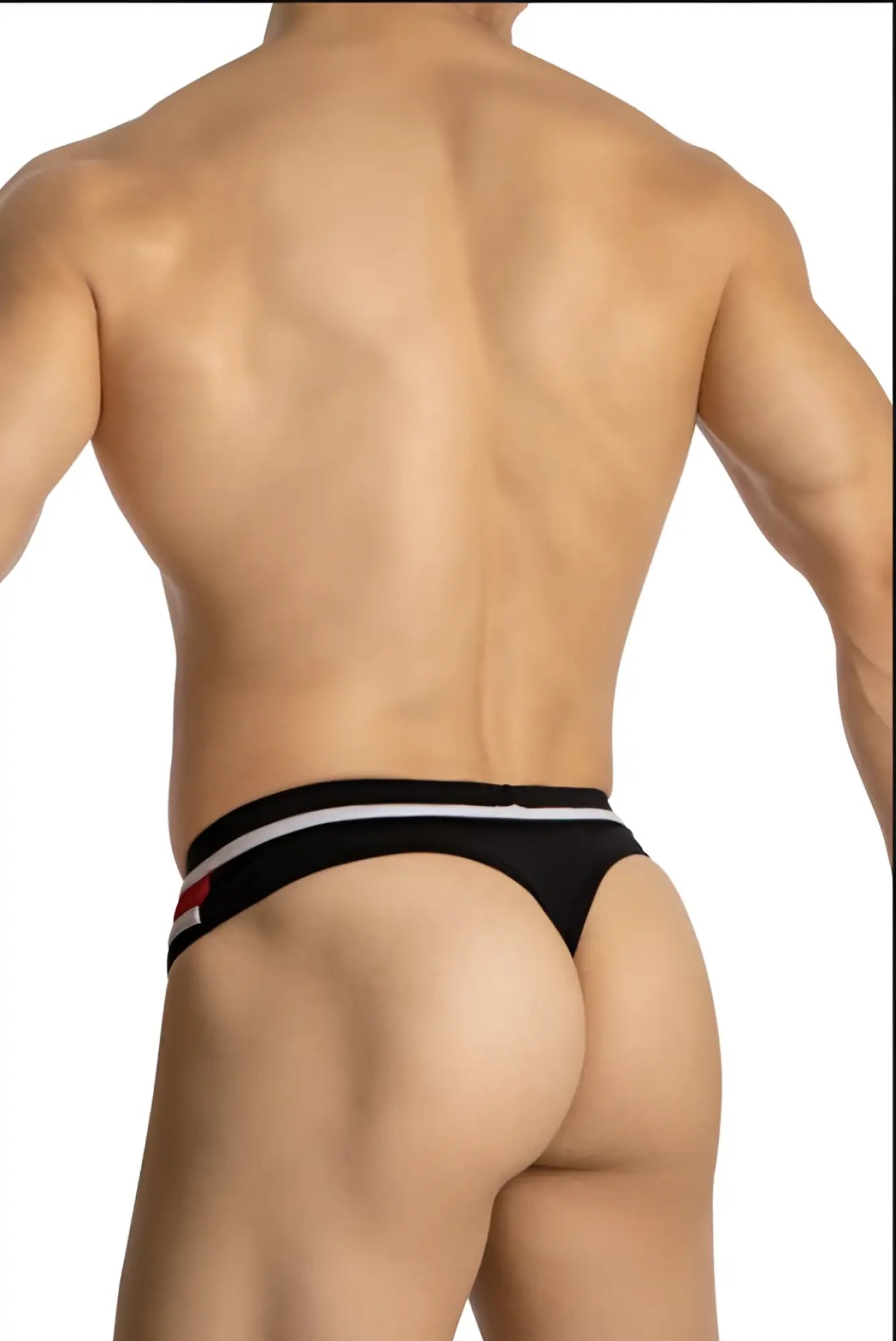 Black daddy ddk044 thong with white and red striped trim showing the back side design