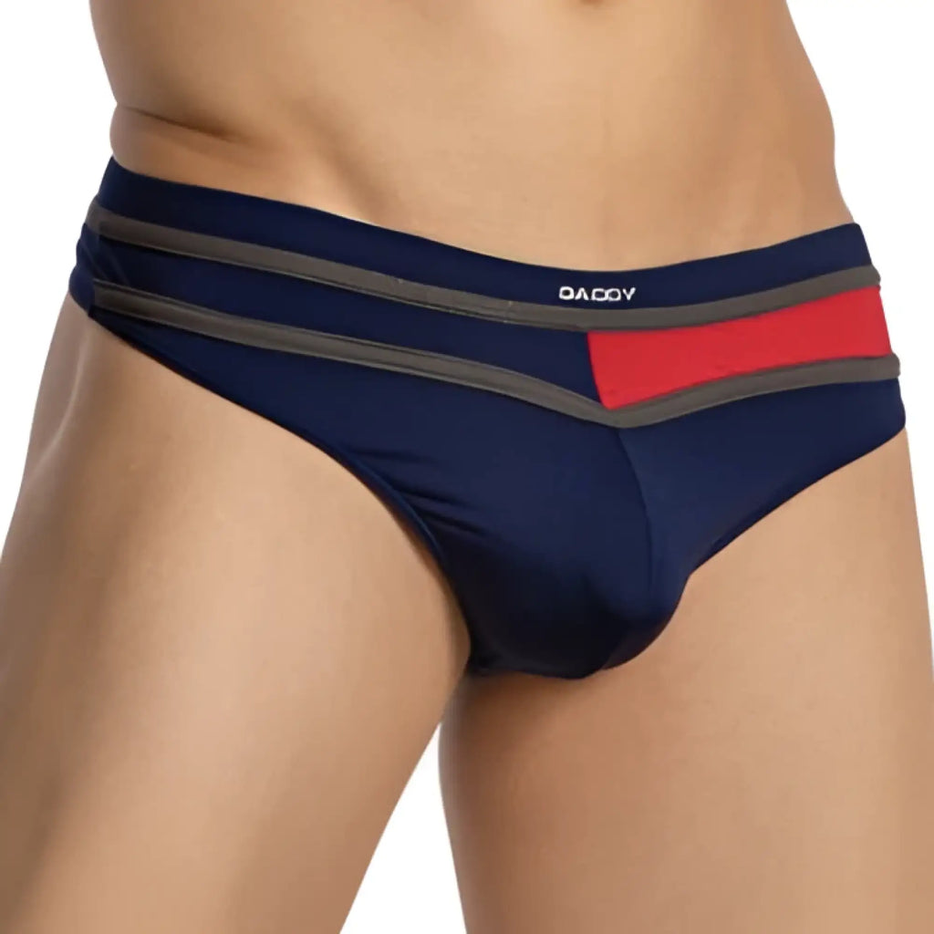 Navy blue and red striped daddy ddk044 thong briefs with gray trim showing the back side of the product