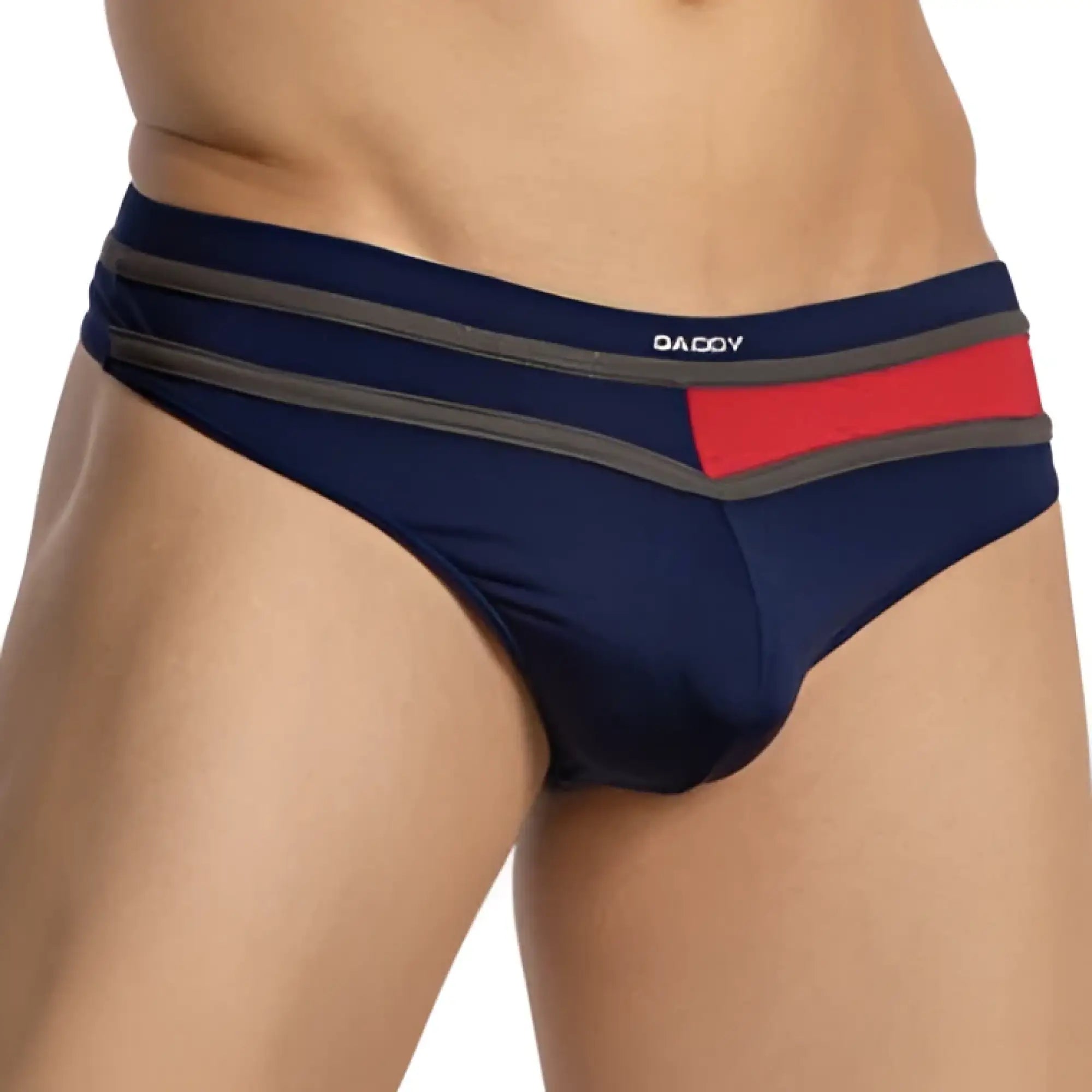 Navy blue and red striped daddy ddk044 thong briefs with gray trim showing the back side of the product