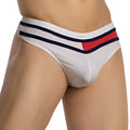White mens briefs daddy ddk044 thong with navy and red striped trim and subtle brand logo on waistband