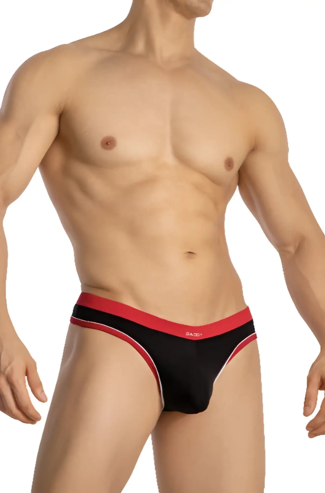 Black and red athletic briefs with white trim and basci logo on waistband sleek design daddy ddk045 thong