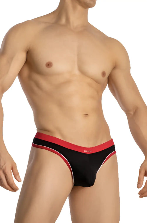 Black and red athletic briefs with white trim and basci logo on waistband sleek design daddy ddk045 thong