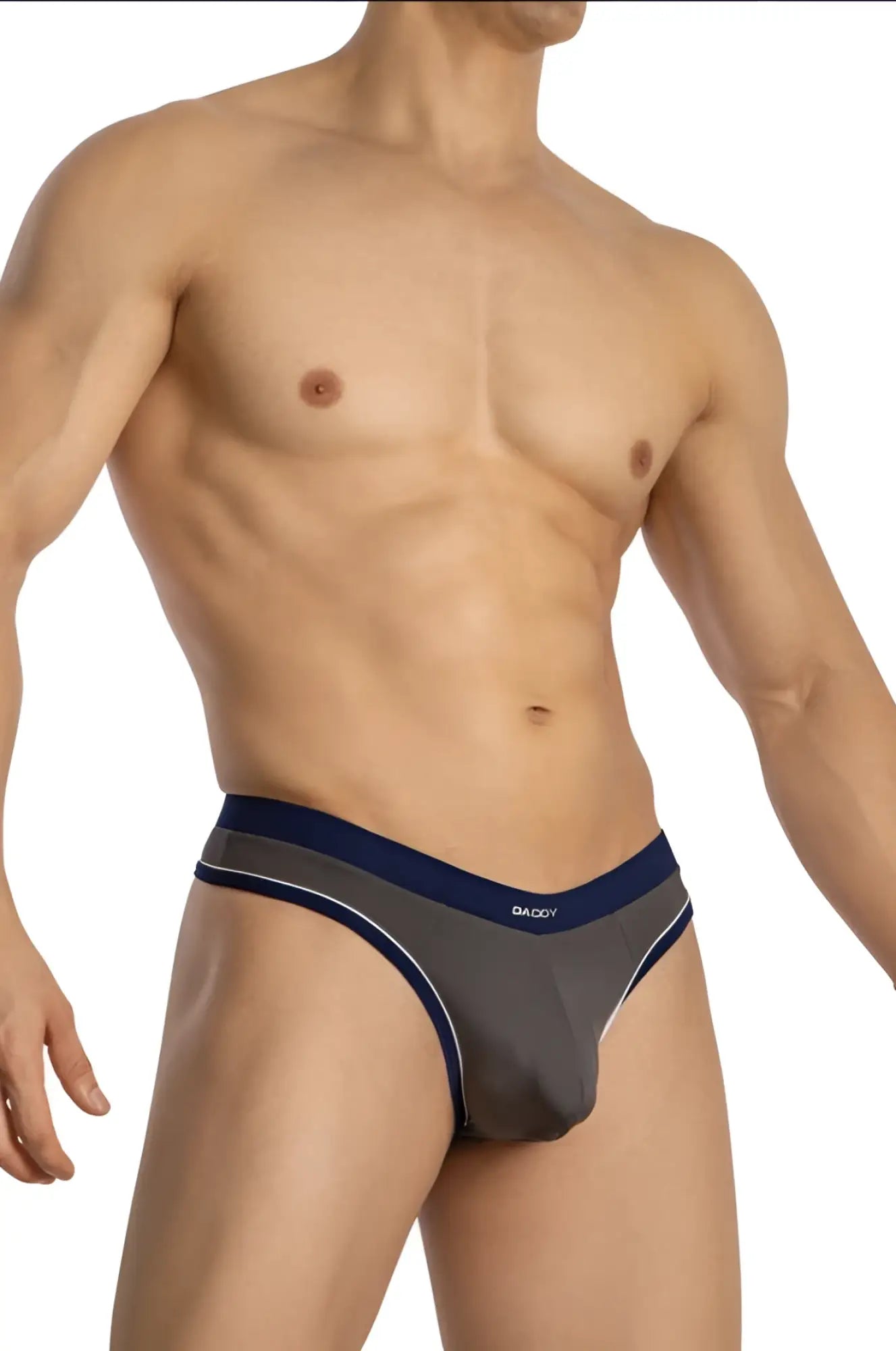 Gray and navy blue daddy ddk045 thong briefs with white trim and baggy brand name on the waistband