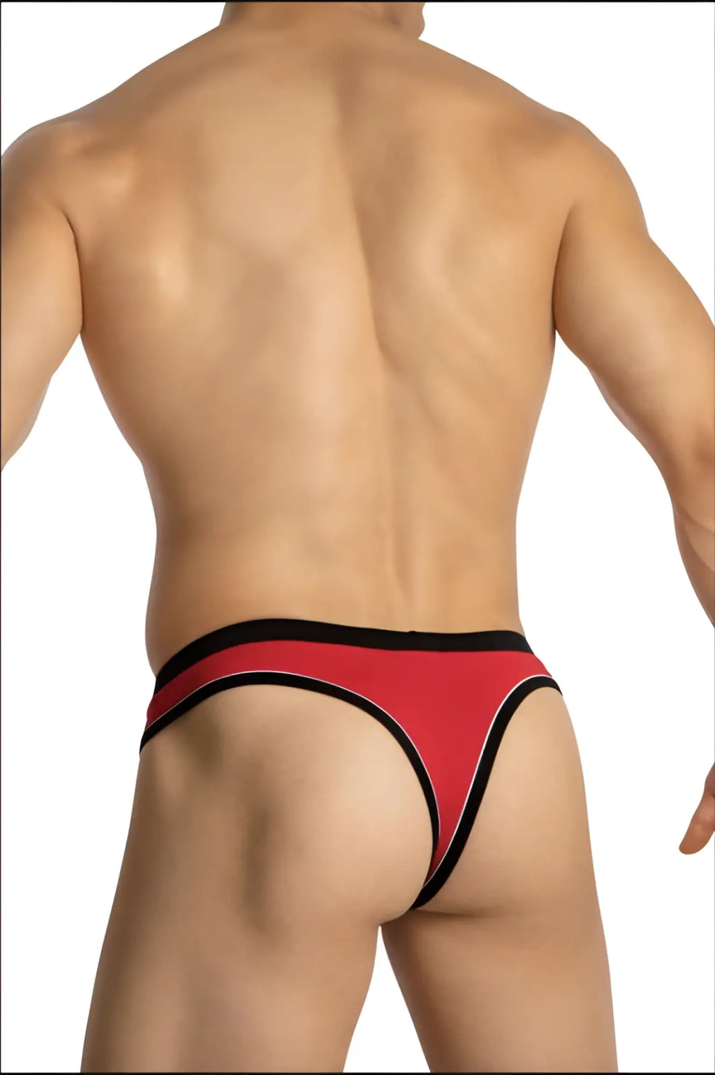 Daddy DDK045 thong in red and black with a sleek form-fitting design showing the back side of the product