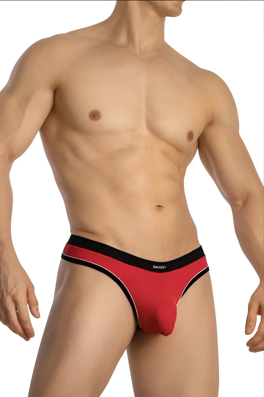 Red daddy ddk045 thong briefs with black trim and white piping showing front view