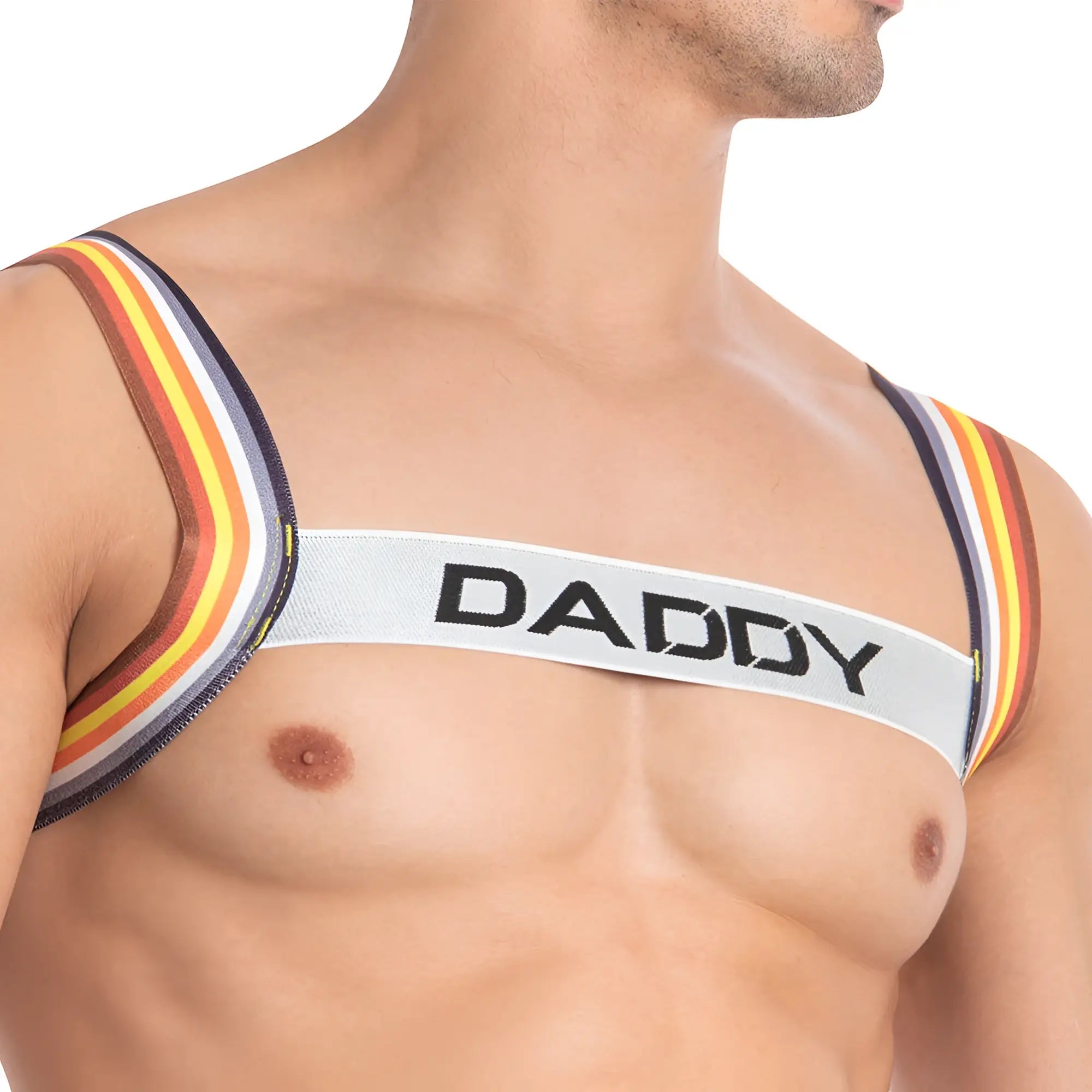 A men’s colorful striped daddy ddu004 bodysuit harness chest strap made of elastic fabric with a white band