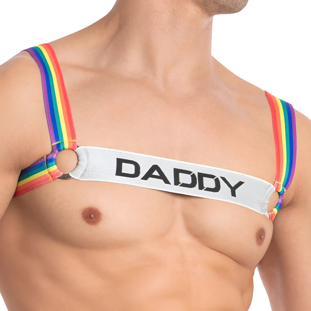Rainbow-striped shoulder strap harness with daddy printed in bold black on white band for daddy ddu004 bodysuit and harness