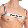 Rainbow-striped shoulder strap harness with daddy printed in bold black on white band for daddy ddu004 bodysuit and harness