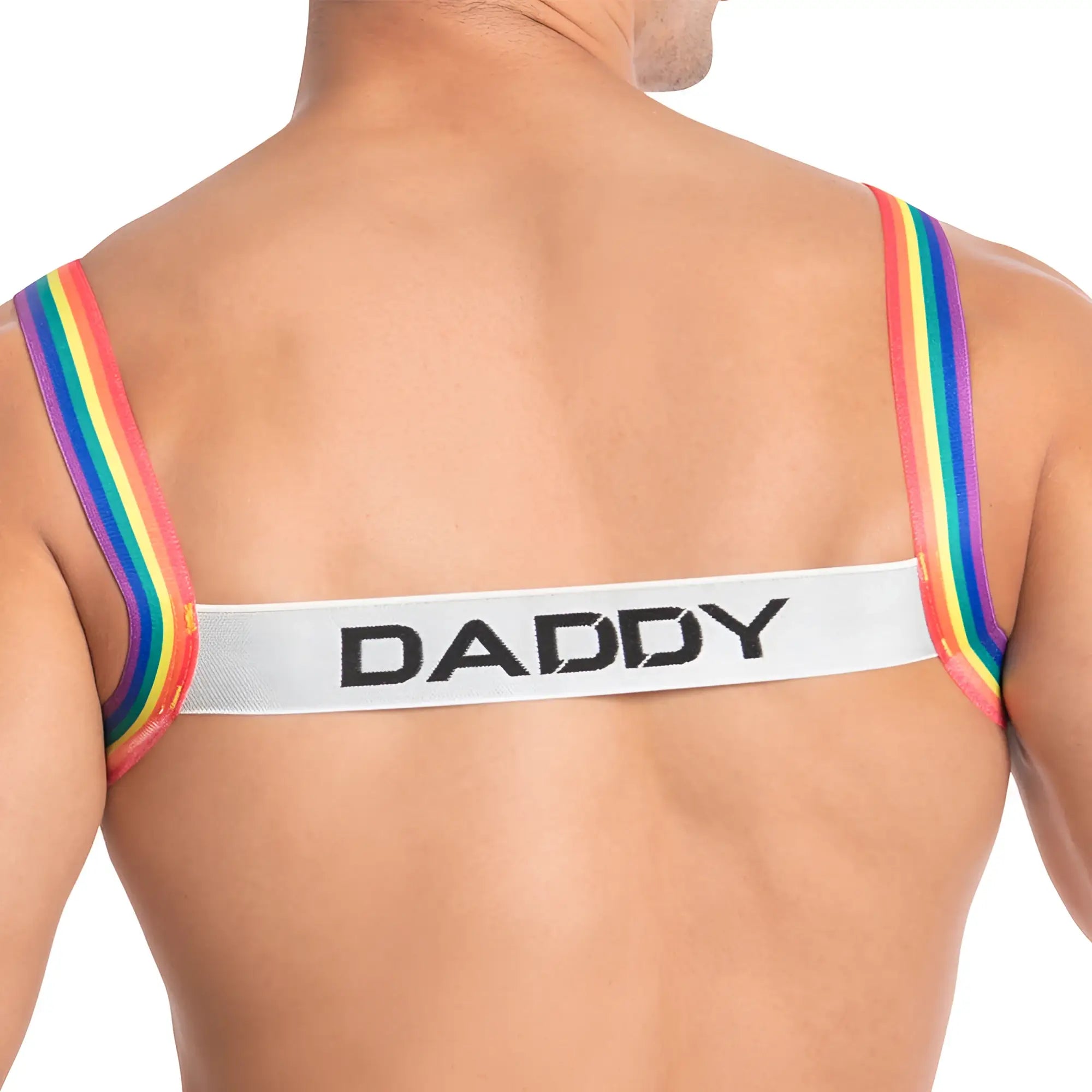 Rainbow-striped shoulder strap with central white band and daddy text on daddy ddu004 bodysuit and harness