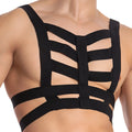 Black strappy Daddy DDU005 bodysuit and harness with a crisscross design front view