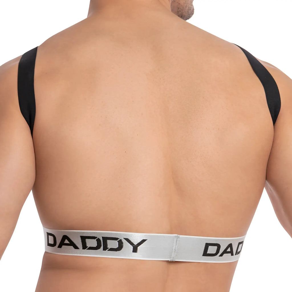 Black and silver daddy ddu006 mens bra with adjustable straps featuring daddy branding and harness design