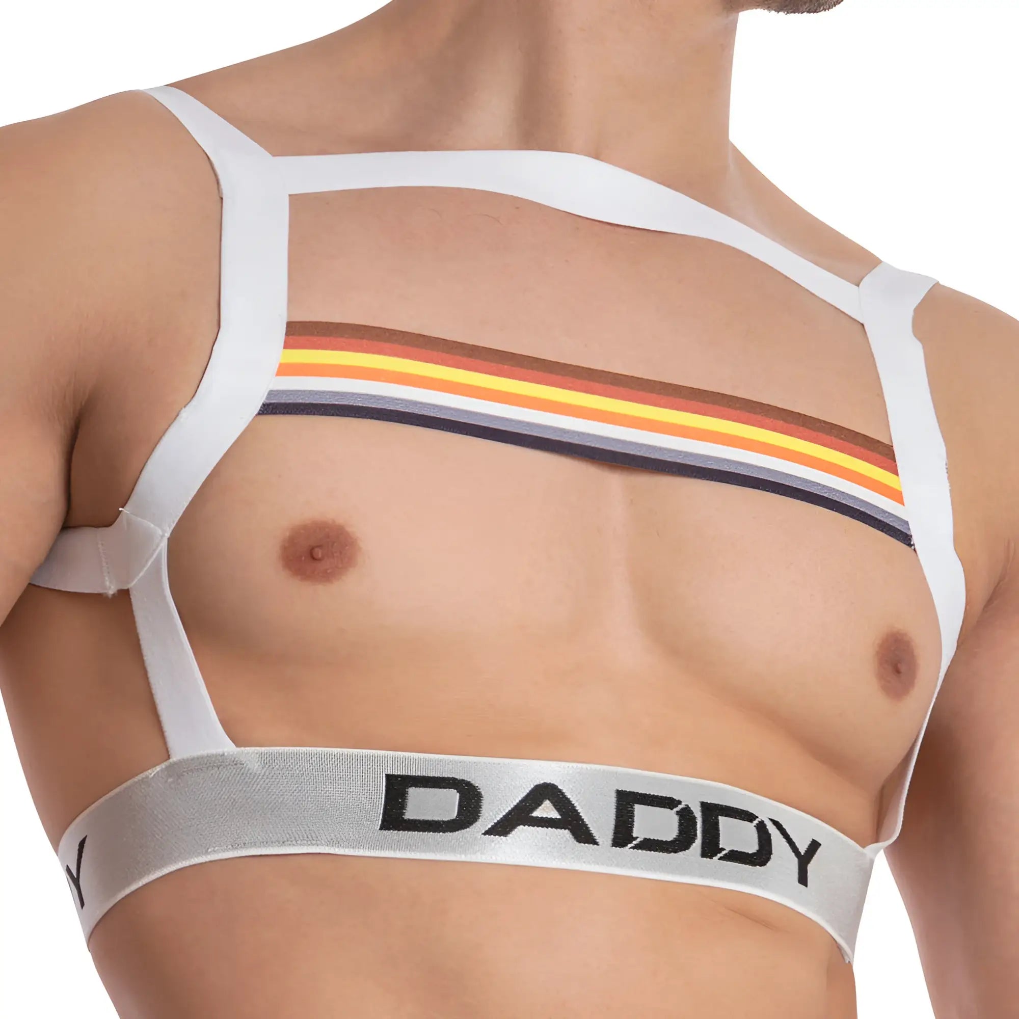 White Daddy DDU006 bodysuit and harness featuring a white harness with rainbow stripe and Daddy branding on waistband