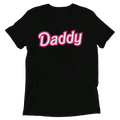 Black short-sleeved cotton t-shirt with daddy printed in bold pink and white lettering across the chest titled daddy doll