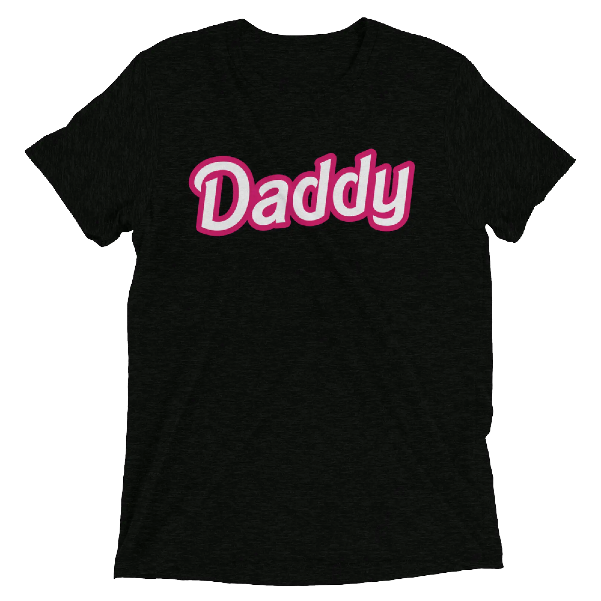 Black short-sleeved cotton t-shirt with daddy printed in bold pink and white lettering across the chest titled daddy doll