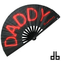 Black folding fan with glowing red neon daddy lettering and small red dartboy logo on the edge daft boy fan lit daddy