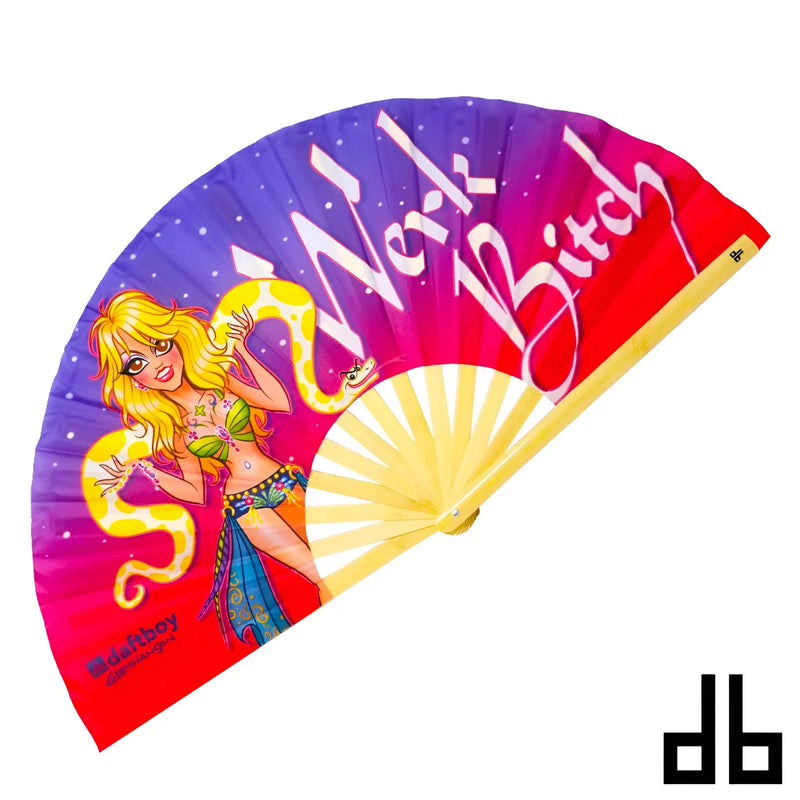 Daft boy fan vibrant colorful folding fan with cartoon blonde woman snake and bold work bitch text on gradient background