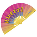 Daftboy fan gurrrl a vibrant rainbow gradient hand fan with bold yellow lettering and delfitboy logo on the edge