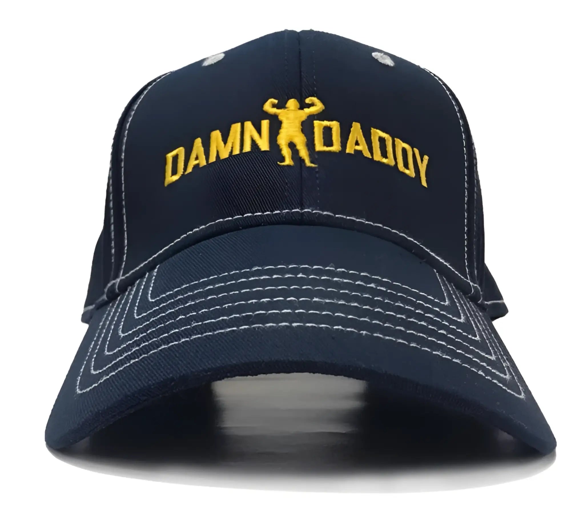 Dark blue baseball cap with yellow embroidered damn daddy text and flexing figure logo for casual wear