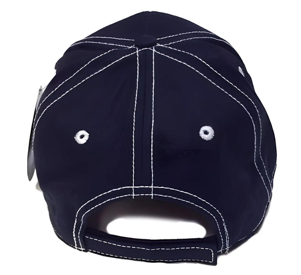 Dark navy damn daddy cap with contrasting white stitching and adjustable fabric strap shown from the back side