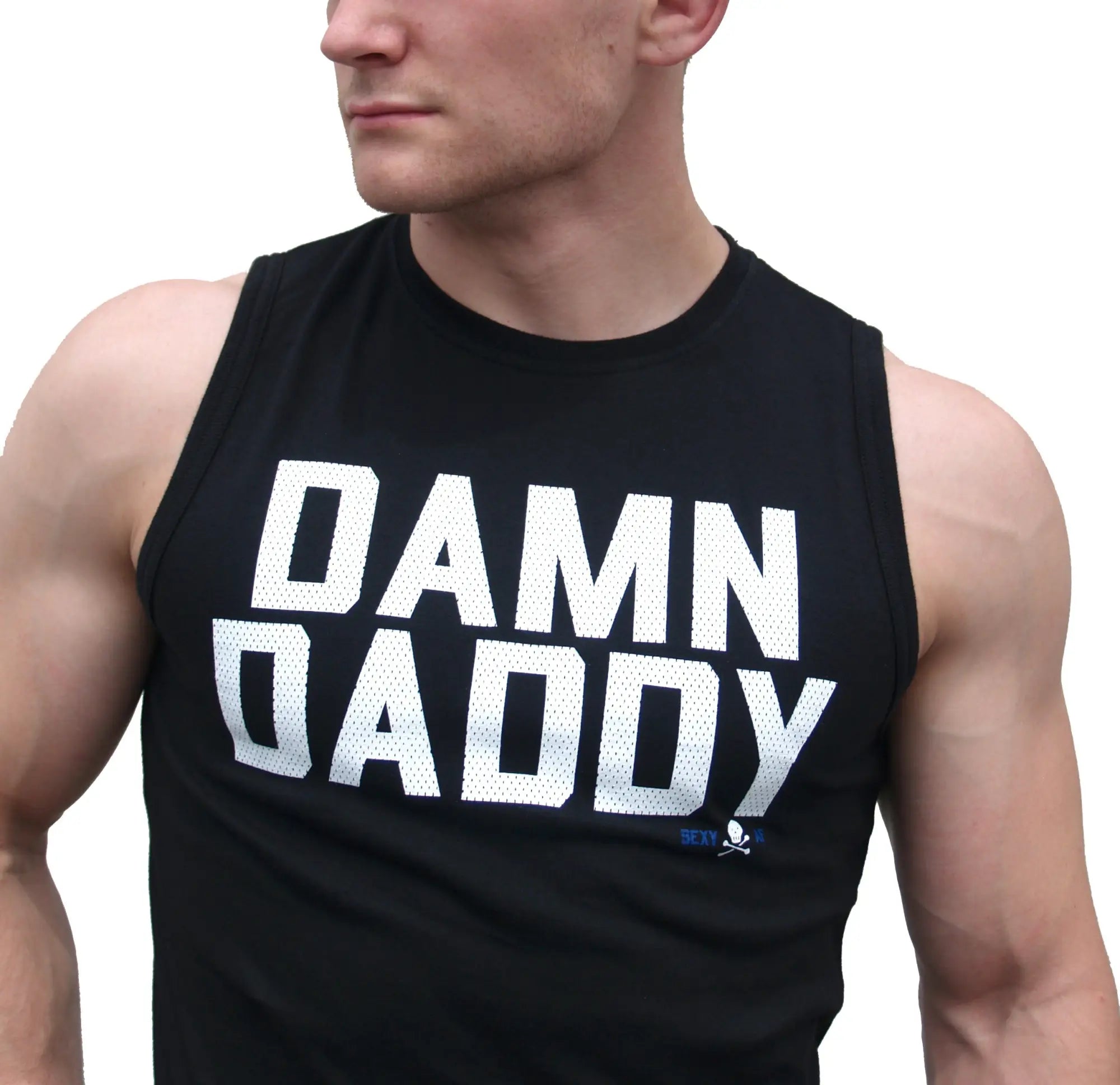 Black sleeveless athletic fit tank top with bold white damn daddy lettering and small blue logo beneath the text