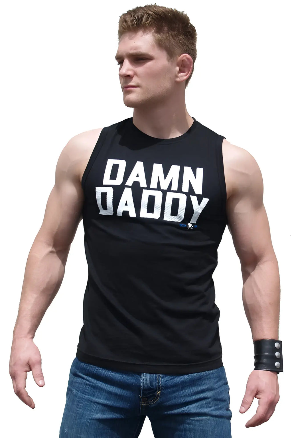 Black sleeveless athletic fit tank top with bold white damn daddy lettering across the chest